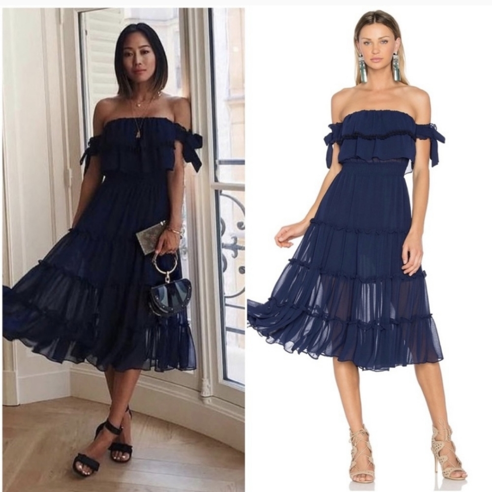 Misa Los Angeles Micaela Off Shoulder Midi Dress in Navy Blue Size Medium
